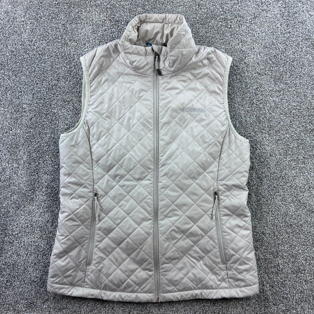 Columbia Quilted Vest Womens L Beige Polyester Omni-Heat Full Zip Puffer